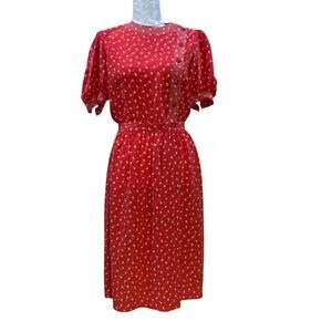 Vintage Maggie London 100% Silk Red Dress Sz 10 Geometric Puff Sleeve Midi Small